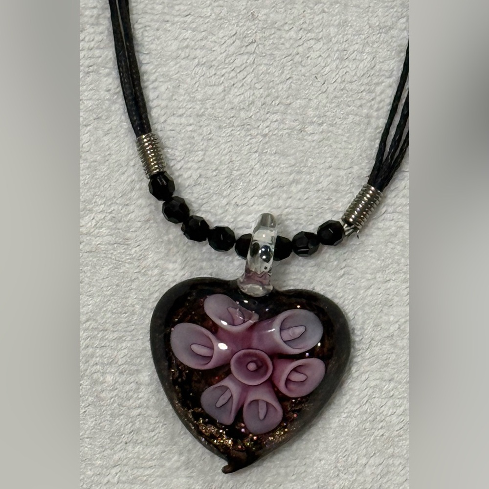 Glass Heart Pendant W/Purple Flower Petal Motif 16” Corded Strand Crystal Beads